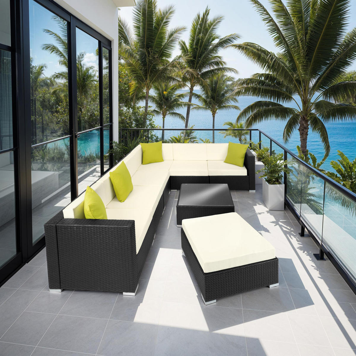 RATTANLOUNGE Marbella,mit Sicherheitsglasplatte,schwarz - Schwarz, Kunststoff - tectake