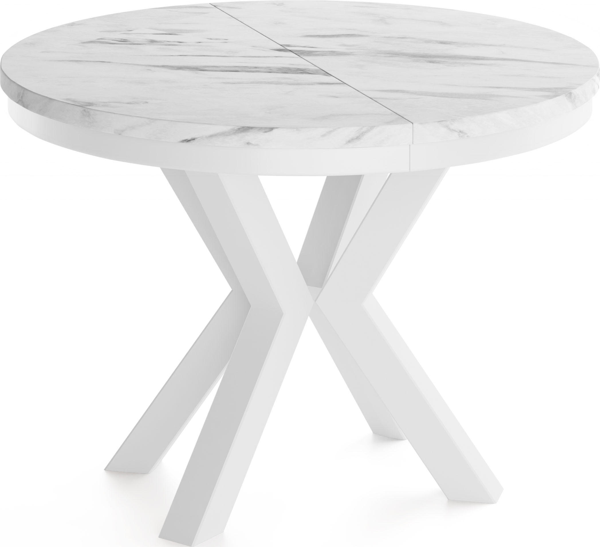 ESSTISCH Clara Weiß runder ausziehbarer, Marmor Weiß 100-180/100/76 cm - Ecru/Weiß, Holzwerkstoff/Metall (100/100/76cm) - WFL GROUP