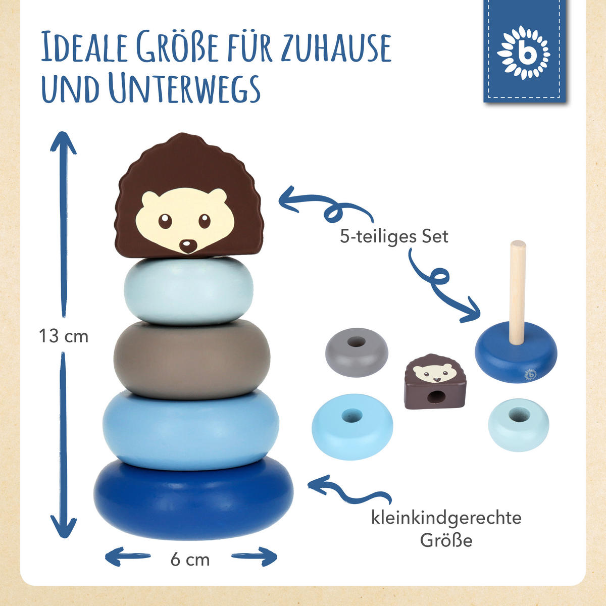 STAPELTURM Holz Igel - ab 12 Monate - Blau, Holz (6.2/6.2cm) - Bieco Spielwaren