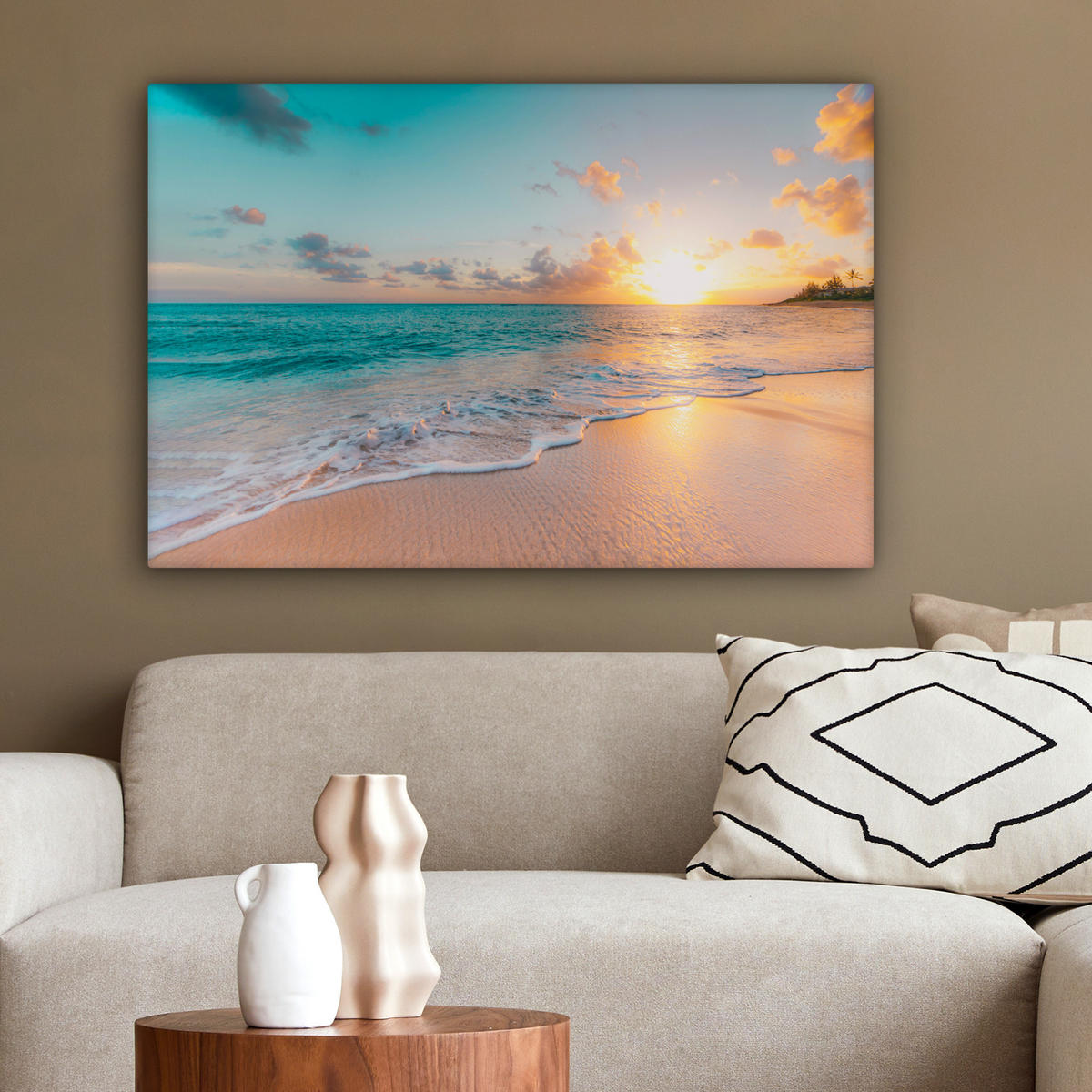 LEINWANDBILD - Sonnenuntergang - Strand - Meer - Sommer - Blau - 90x60 - Deko Wohnzimmer - Multicolor, Textil (90/60cm) - MuchoWow
