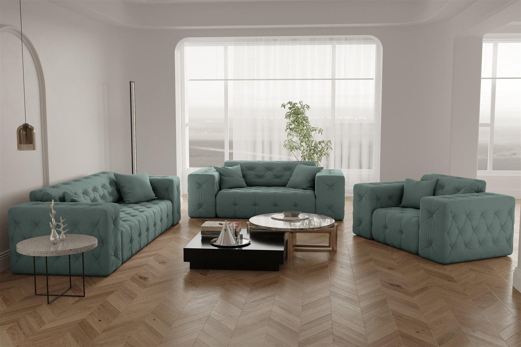 SOFASET Chantal - Salbeigrün, Holzwerkstoff/Textil (251/78/96cm) - Fun Möbel