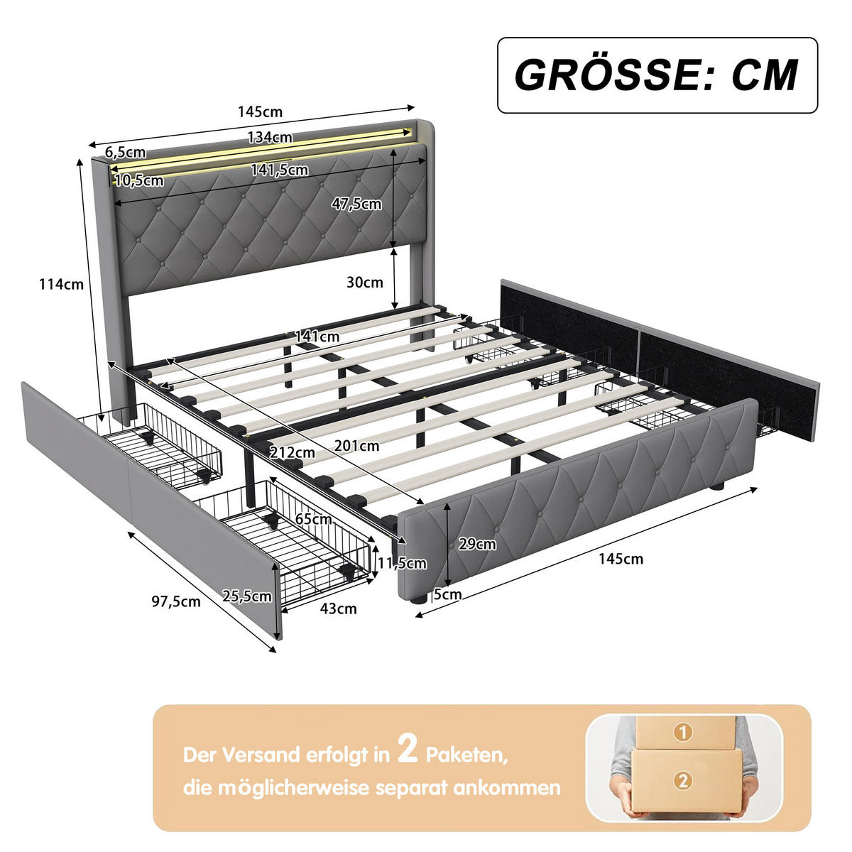 POLSTERBETT 140x200 cm, 4 Schubladen mit Rollen, RGB LED, USB-/Typ-C-Anschlüsse,Samtstoff, Grau - Grau, Holz (140/200cm) - BRILVERDE