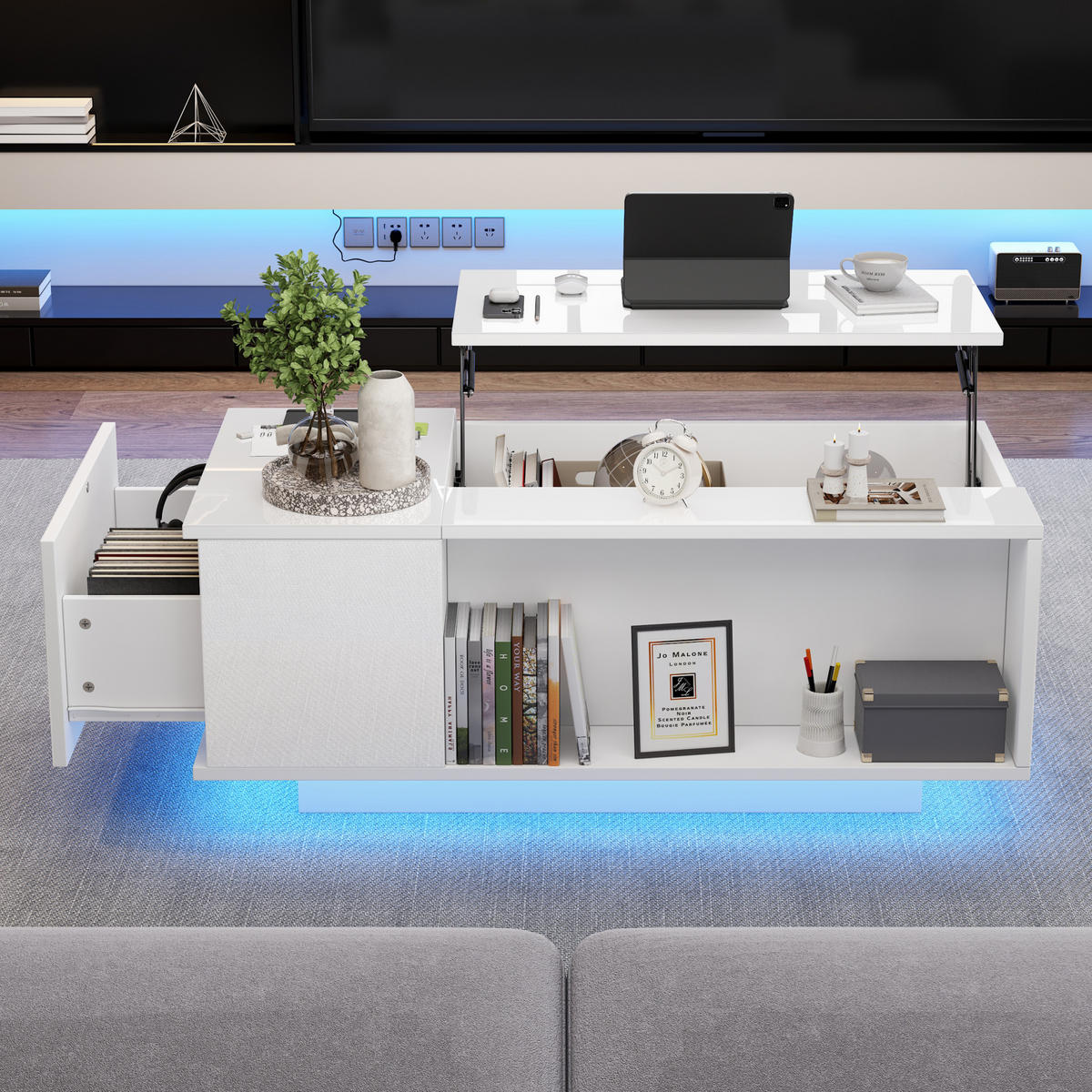 COUCHTISCH 100/50/40 cm weiß aus Spanplatte mit Höhenverstellung und LED - Weiß, Holzwerkstoff (100/50/40cm) - OKMYHOME