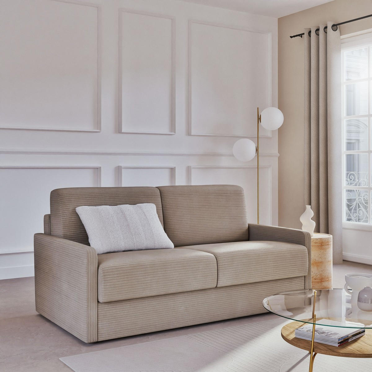 SCHLAFSOFA mit 3 Plätzen aus geripptem Samt, 175 cm lang - Beige, Textil (100/87/175cm) - Calicosy