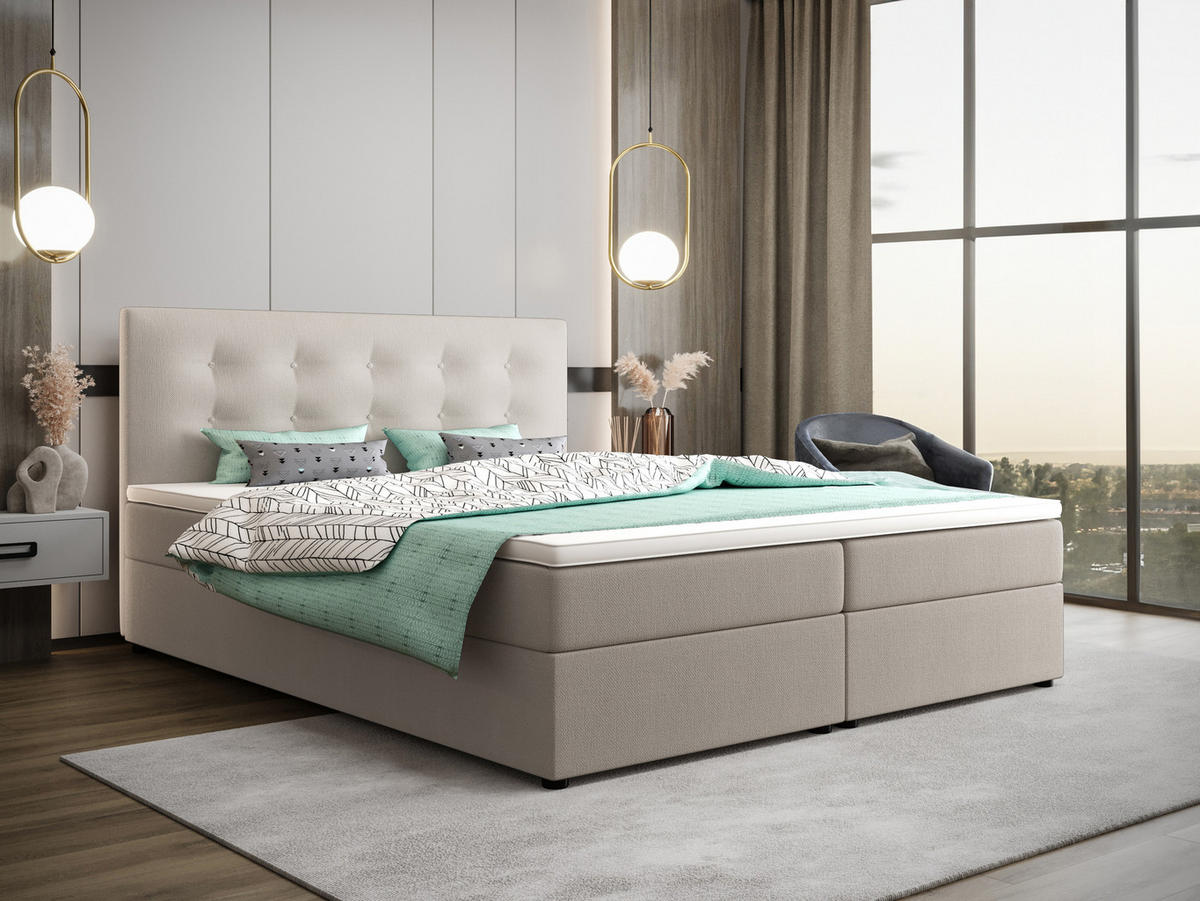 BOXBETT FADO 22 mit Matratze H3, Bonell und Topper 140x200 Cosmic 10 - Beige, Holz/Textil (140/200cm) - Bedante