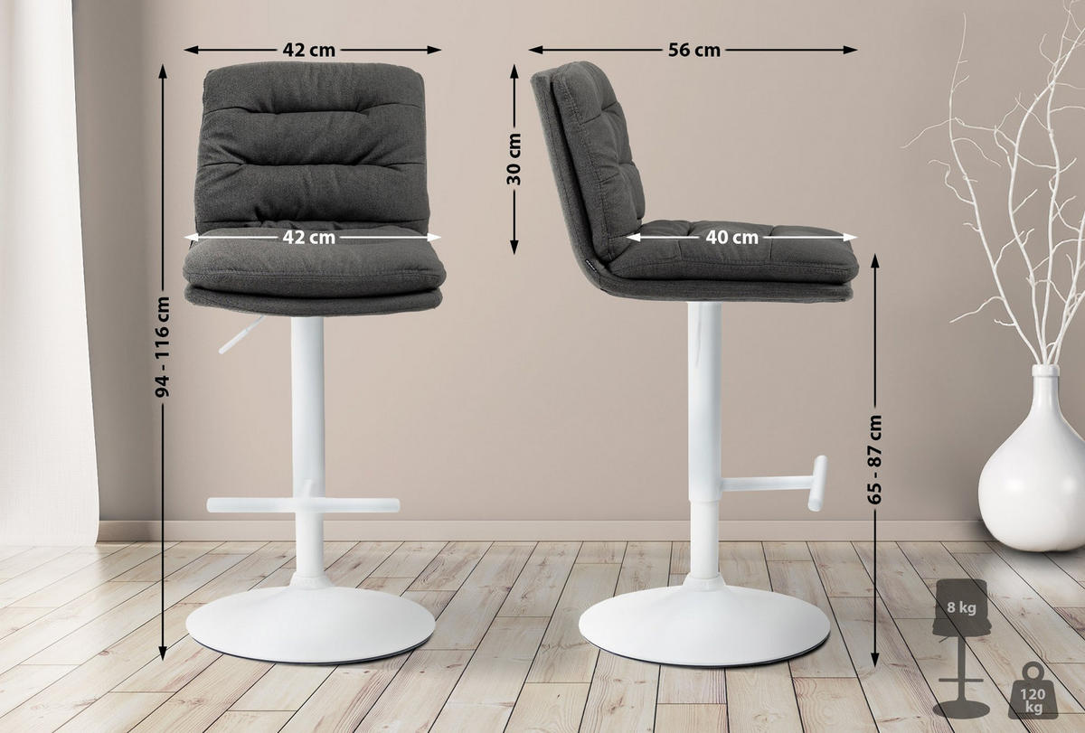 BARHOCKER 2er Set Stoff dunkelgrau - Dunkelgrau/Weiß, Textil/Metall (42/94/56cm) - CLP
