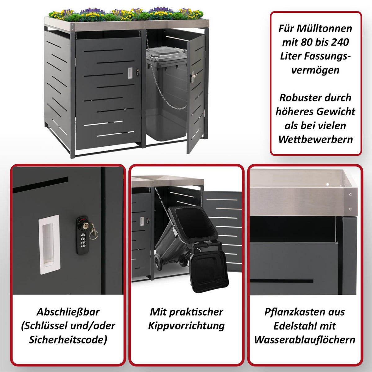 MÜLLTONNENBOX 2er 125x134x84cm 80-240 Liter - Anthrazit, Metall (134/125/84cm) - PROREGAL