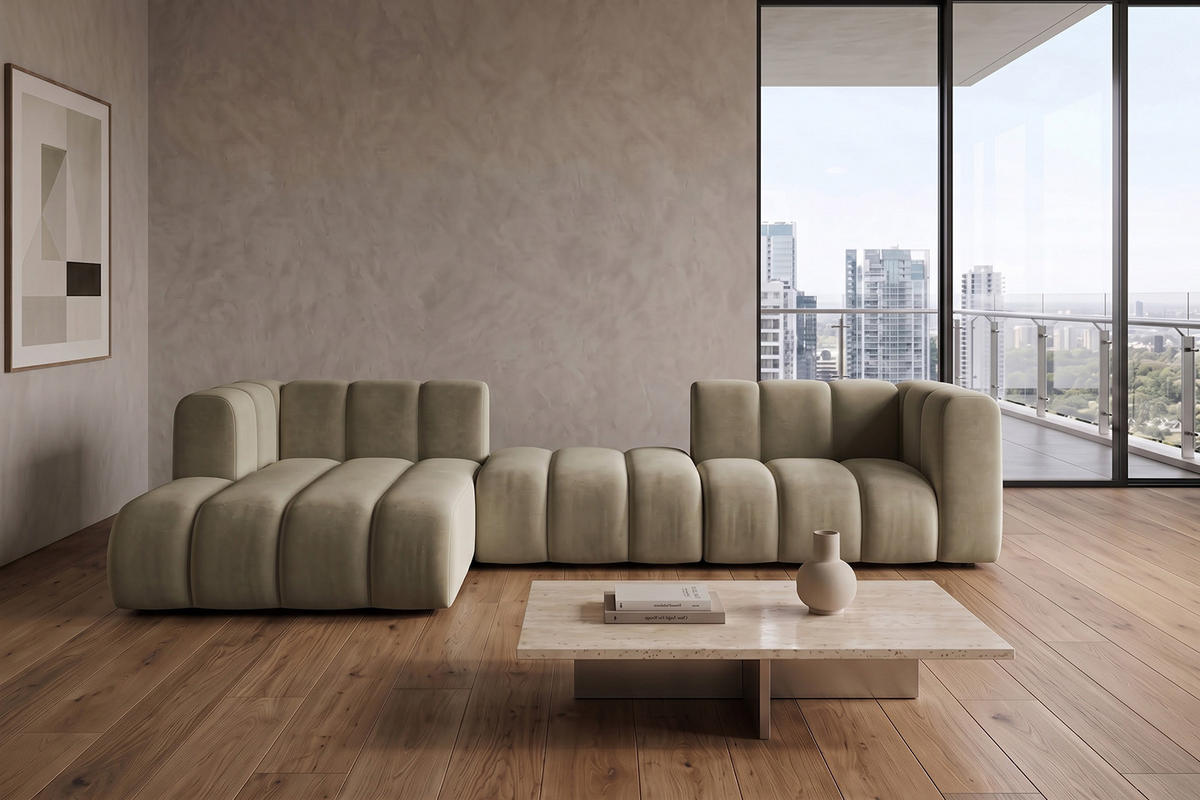 ECKSOFA Modulares In L-Form, Velvet-Stoff Riviera, Beige, Links, GRAND 319 cm - Beige, Holz (319/175cm) - Kaiser Möbel