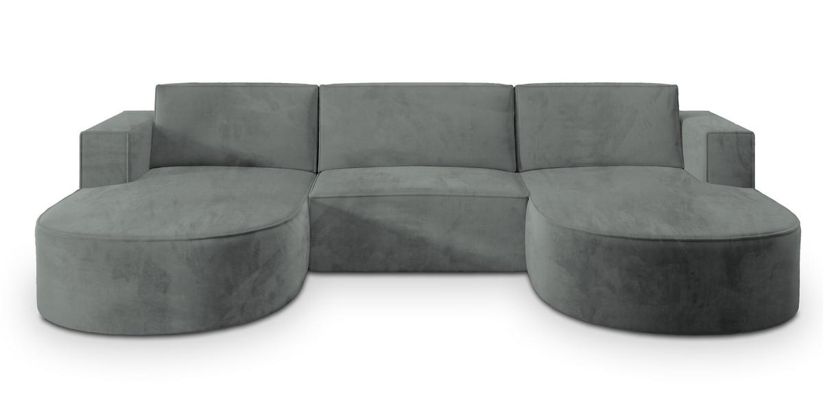 WOHNLANDSCHAFT VEZZO M Grau Velours-Stoff mit Schlaffunktion - Grau, Holz (347/85/174cm) - MASSENO