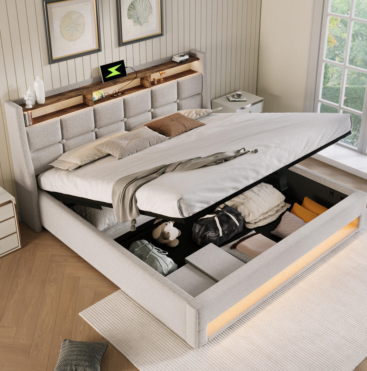 POLSTERBETT mit USB, LED und Bettkasten 140x200 cm Beige inklusive Matratze - Beige, Metall (140/200cm) - Meubliv