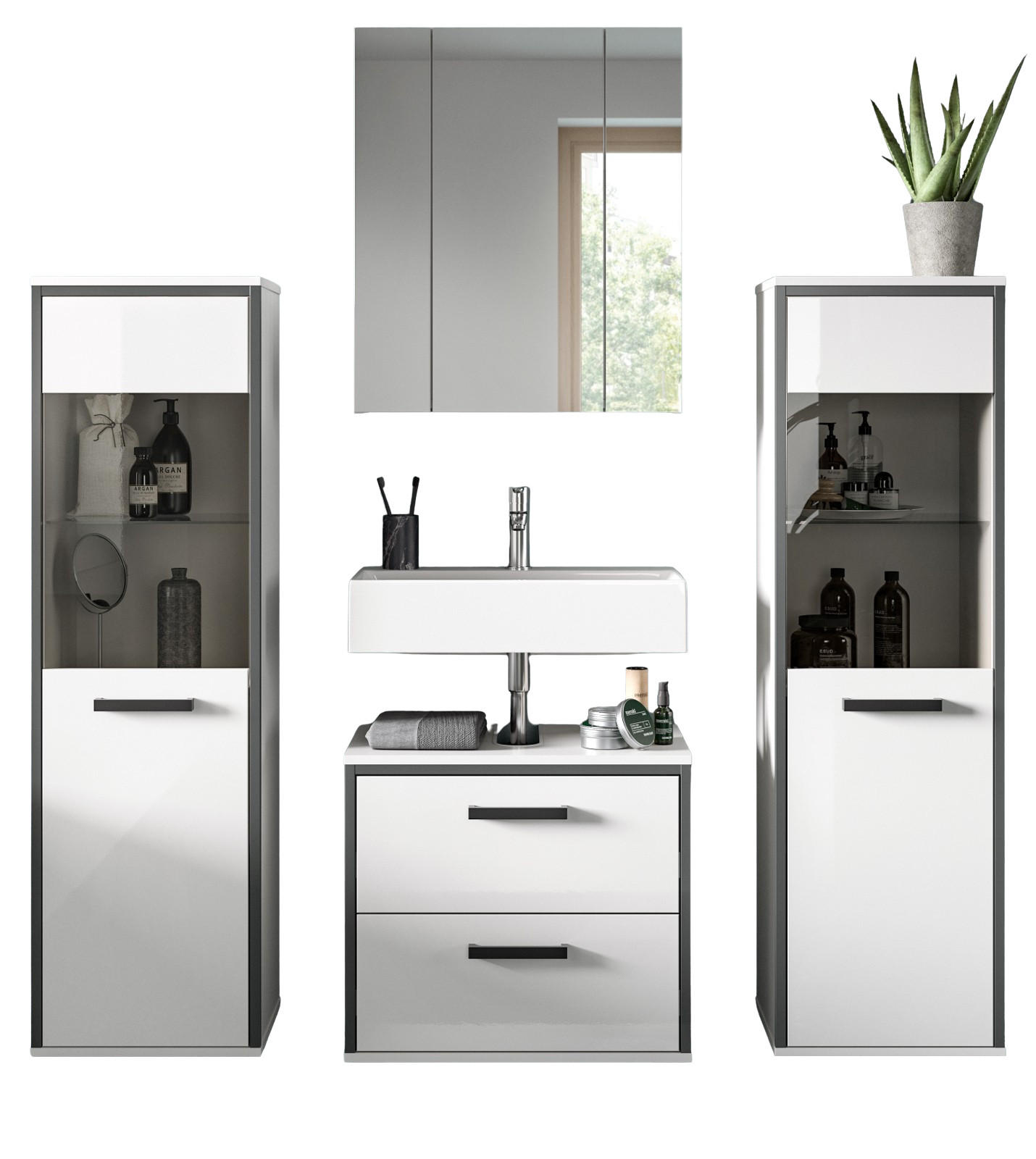 BADMÖBEL-SET 4-teilig 170 cm weiß Hochglanz, grau, Badezimmerschränke mit viel Stauraum - Weiß Hochglanz/Schwarz, Glas/Holzwerkstoff (170/190/37.5cm) - Inn.Furn
