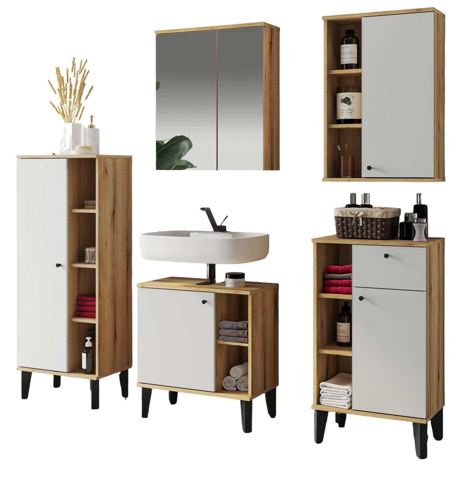 BADMÖBEL-SET 5-teilig weiß, Evoke Eiche, Badkombination, 182 x 190 cm - Eichefarben/Schwarz, Glas/Holzwerkstoff (182/190/33cm) - Furn.Design