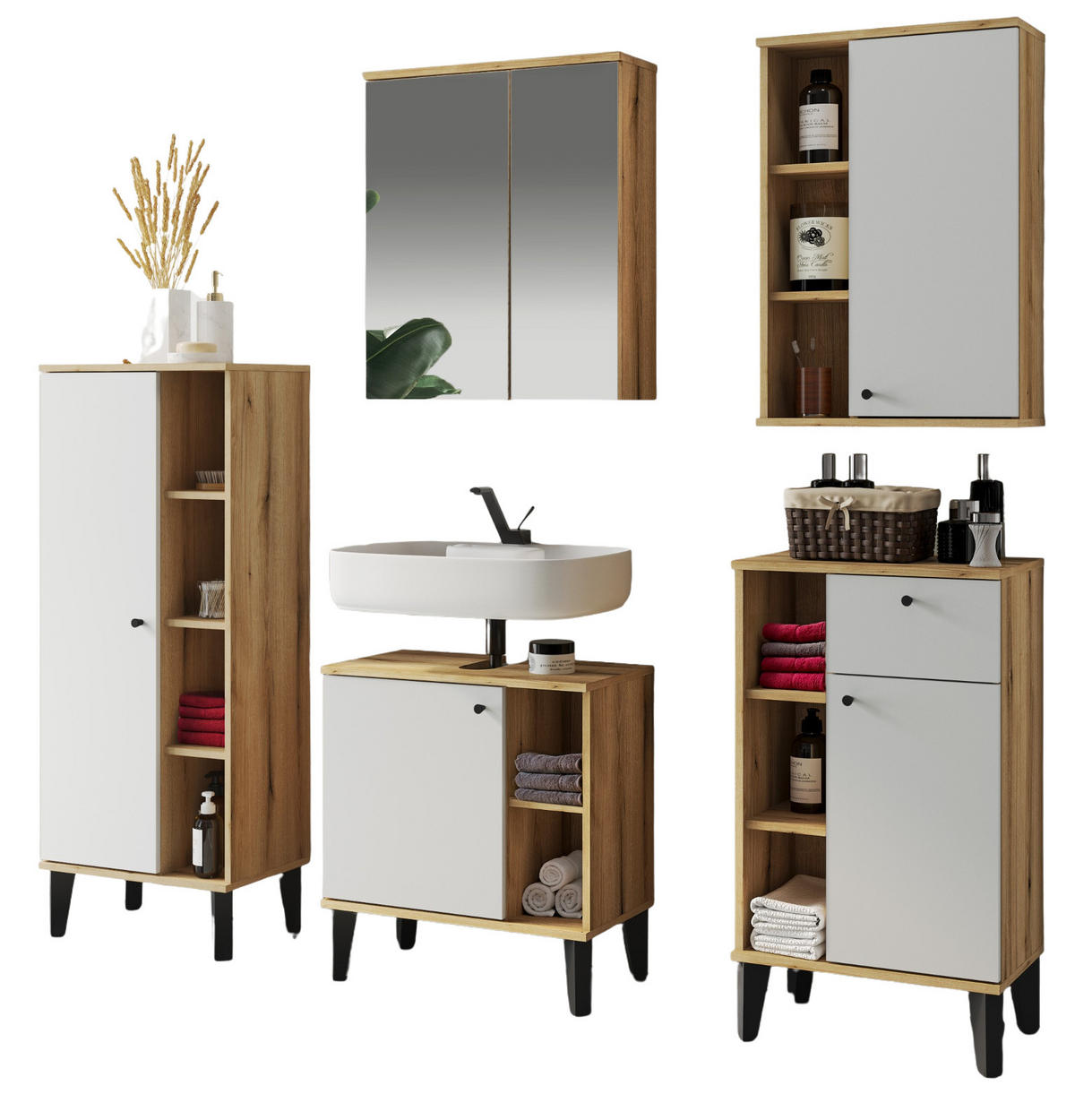 BADMÖBEL-SET 5-teilig weiß, Evoke Eiche, Badkombination, 182 x 190 cm - Eichefarben/Schwarz, Glas/Holzwerkstoff (182/190/33cm) - Furn.Design