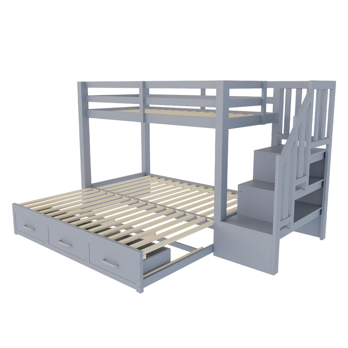ETAGENBETT 90/200 cm Grau mit Ausziehbett 90/180x190 cm, Stauraumleiter und 3 Schubladen - Grau, Holz (90/200cm) - Oxeza