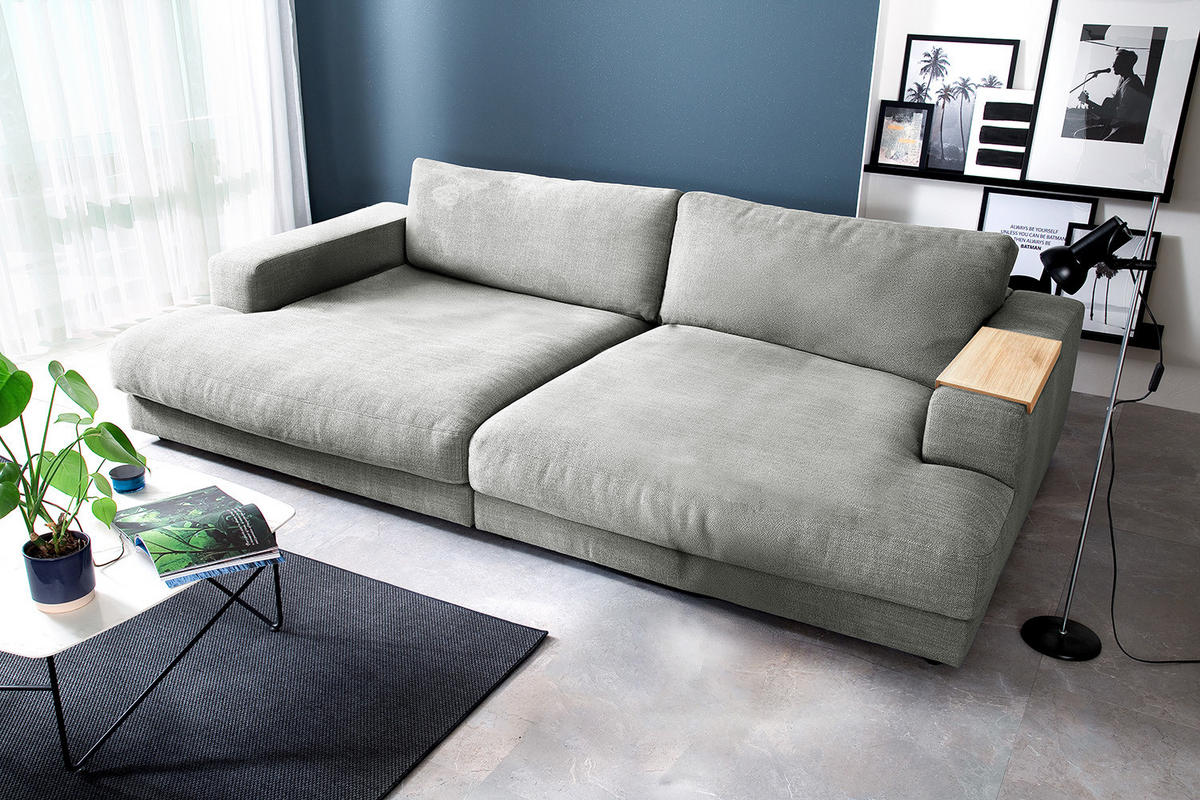 BIG SOFA MIT TABLETT MADELINE Silber Webstoff - Silberfarben/Schwarz, Kunststoff/Textil (290/85/170cm) - KAWOLA