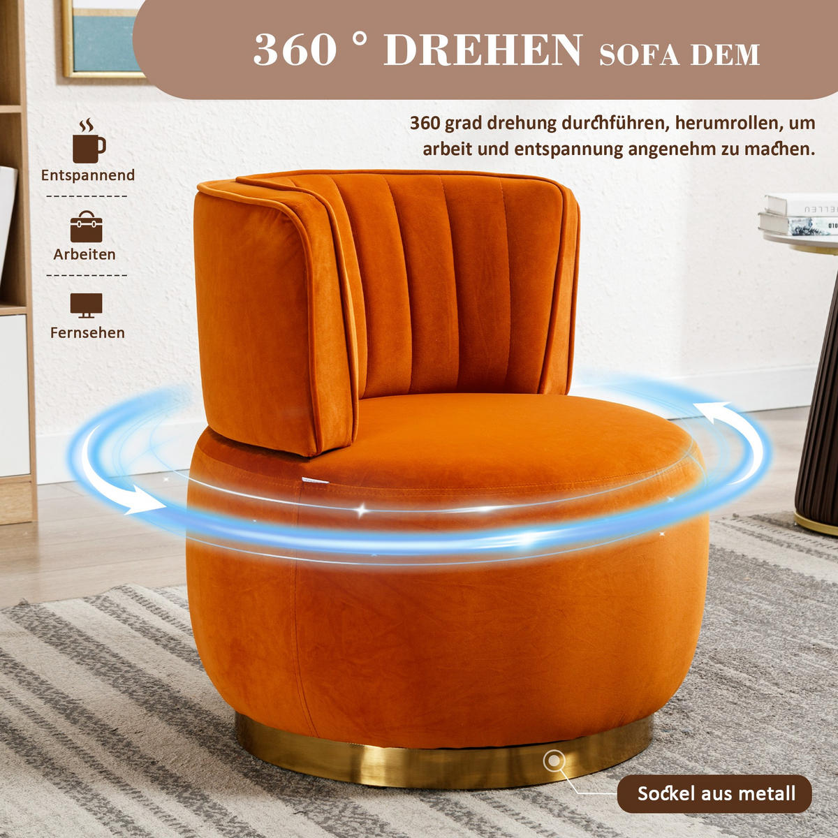 DREHSTUHL 360°Drehsessel,runde Sessel mit breiter Polsterung,Samt,Orange - Orange, Metall (62/69/62cm) - LVHOM