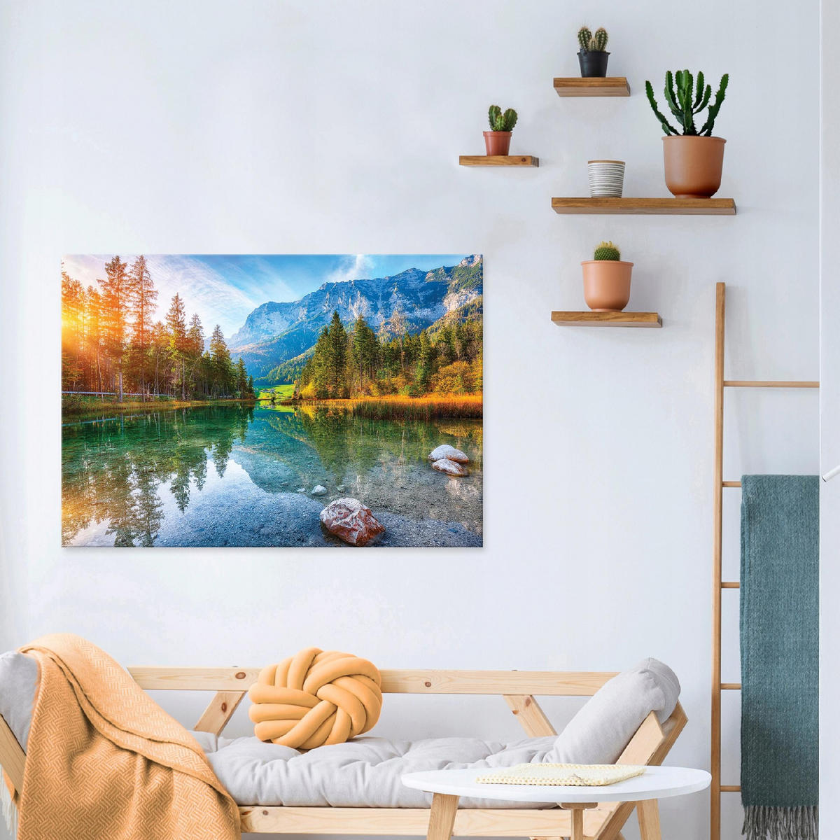 LEINWANDBILD Natur Berge See 100x70 - Multicolor, Holzwerkstoff (100/70cm) - Wallarena