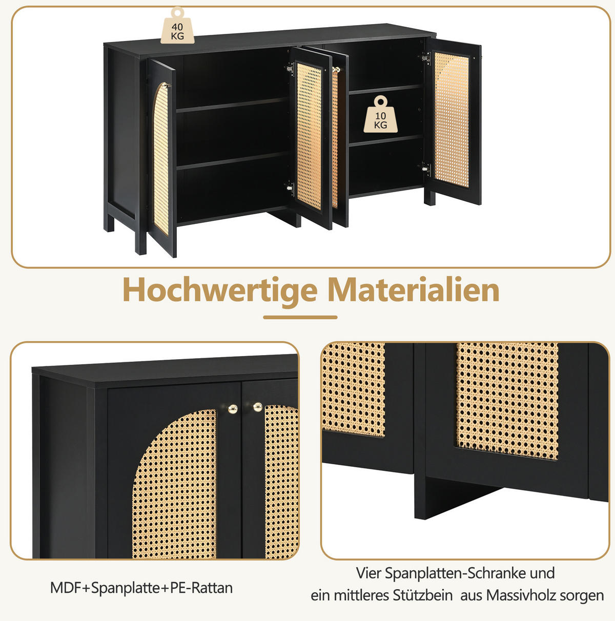 SIDEBOARD aus MDF mit 4 Kunst-Rattantüren und Metallgriffen Schwarz - Schwarz, Holzwerkstoff (145/40/80cm) - Modenvie