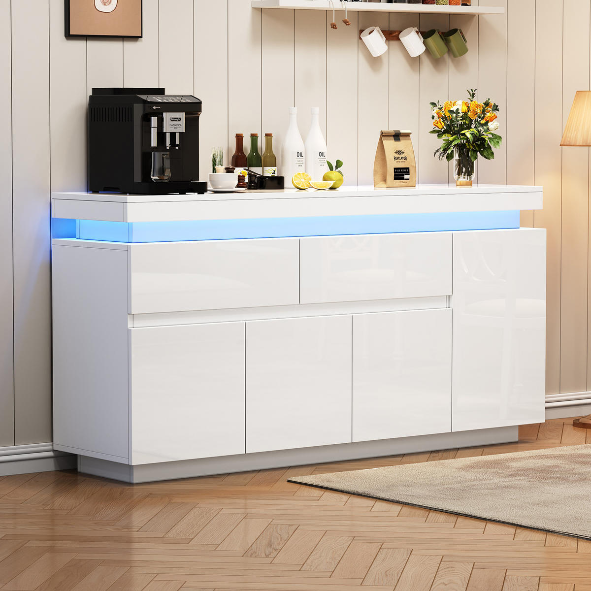 SIDEBOARD 140cm Hochglanz LED 4 Türen 2 Schubladen Weiß modern - Weiß, Holzwerkstoff (35/72.5/140cm) - FLIEKS