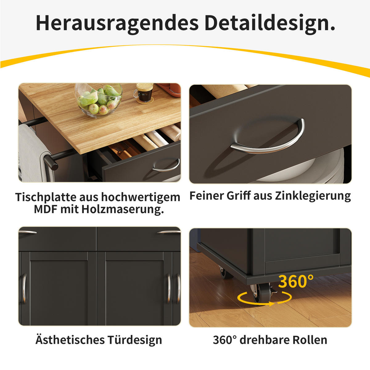 KÜCHENINSEL 106x78x90.5cm Schwarz mit Klapptisch & Rädern - Schwarz, Holzwerkstoff (106/90.5/78cm) - Modfu