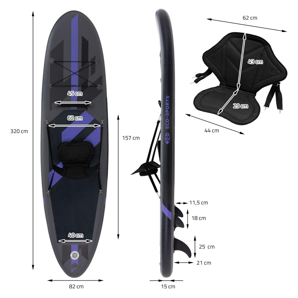 STAND UP PADDLE BOARD Kajak Schwarz - Schwarz, Kunststoff (320/82/15cm) - ECD-Germany