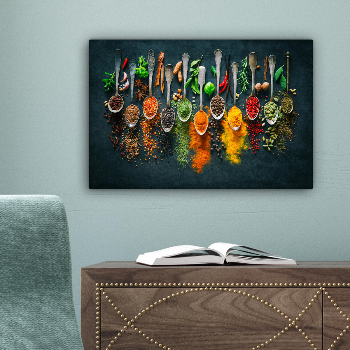 LEINWANDBILD Kräuter - Gewürze - Löffel 30x20 cm - Currygelb, Textil (30/20cm) - MuchoWow