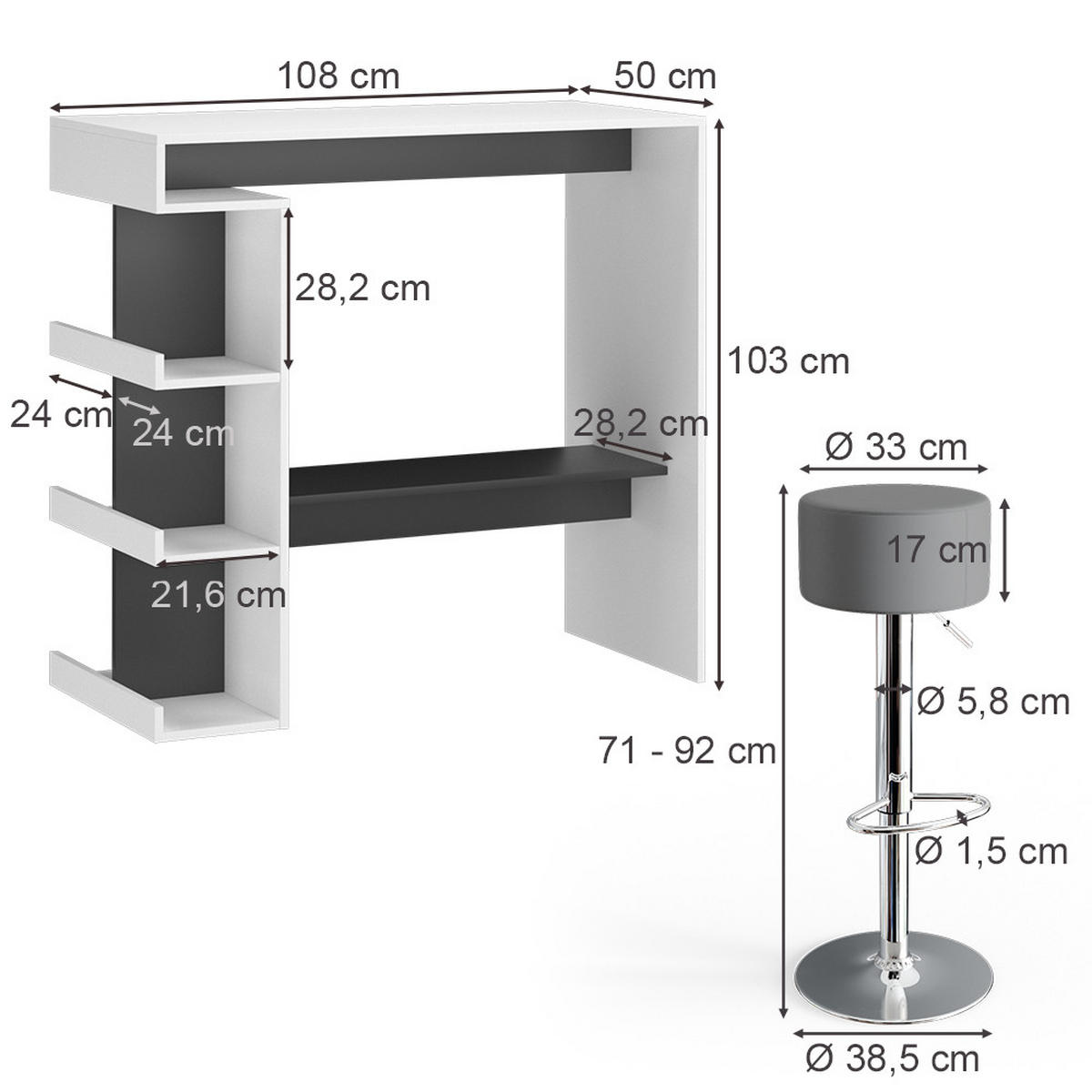 BARTISCH-SET Dana Weiß 108 x 50 cm mit 2 Barhockern - Anthrazit/Weiß, Holzwerkstoff (108/103/50cm) - Vicco