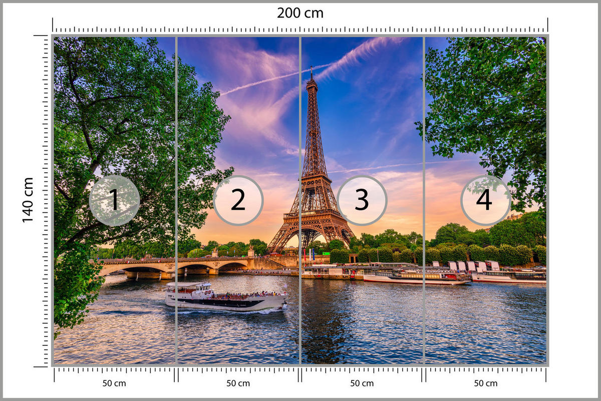 FOTOTAPETE Eiffelturm Paris Architektur 3D 200x140 - Blau/Gelb, Papier (200/140cm) - Muralo