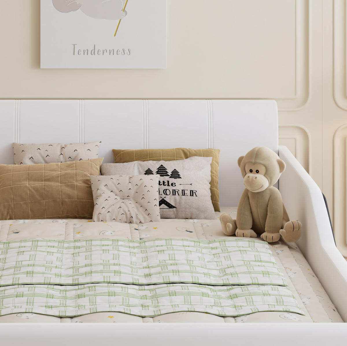 KINDERPOLSTERBETT 140/200 cm aus Samt mit Schreibtisch Hocker und Ablageboden Weiß - Weiß, Textil (140/200cm) - Modenvie