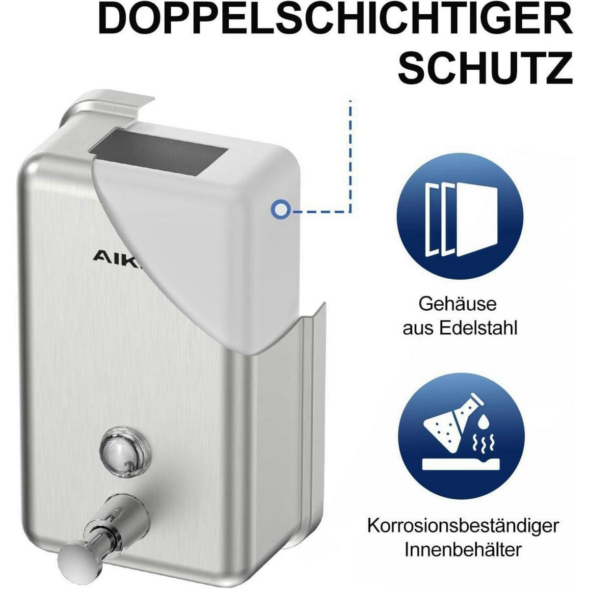 SEIFENSPENDER Edelstahl 1100 ml Wandmontage ohne Bohren gebürstet - Silberfarben, Metall (12.5/20.5/12.7cm)