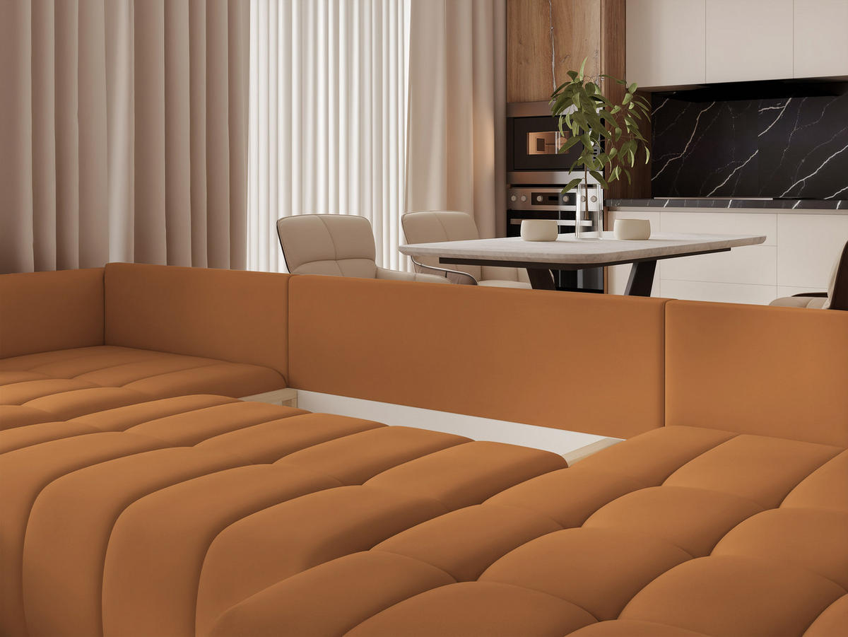 WOHNLANDSCHAFT OLIMPIA mit Schlaffunktion und Bettkasten Orange - Orange, Holzwerkstoff/Kunststoff (353/83/180cm) - Idohome
