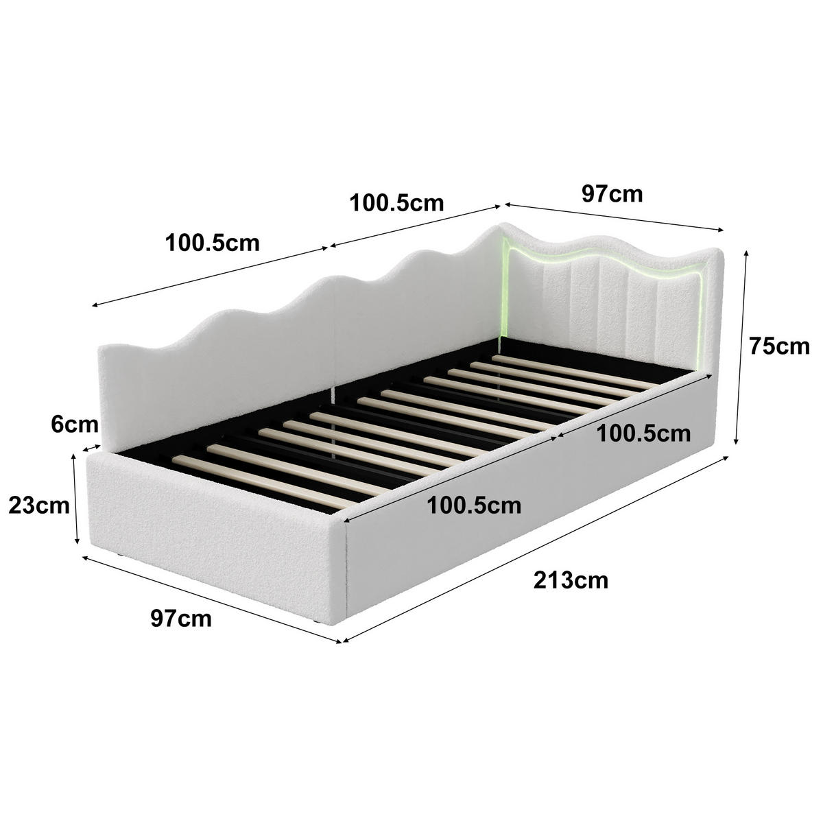 KINDERBETT 90×200 cm Bouclé-Stoff Weiß – Bett mit LED-Beleuchtung - Weiß, Holz