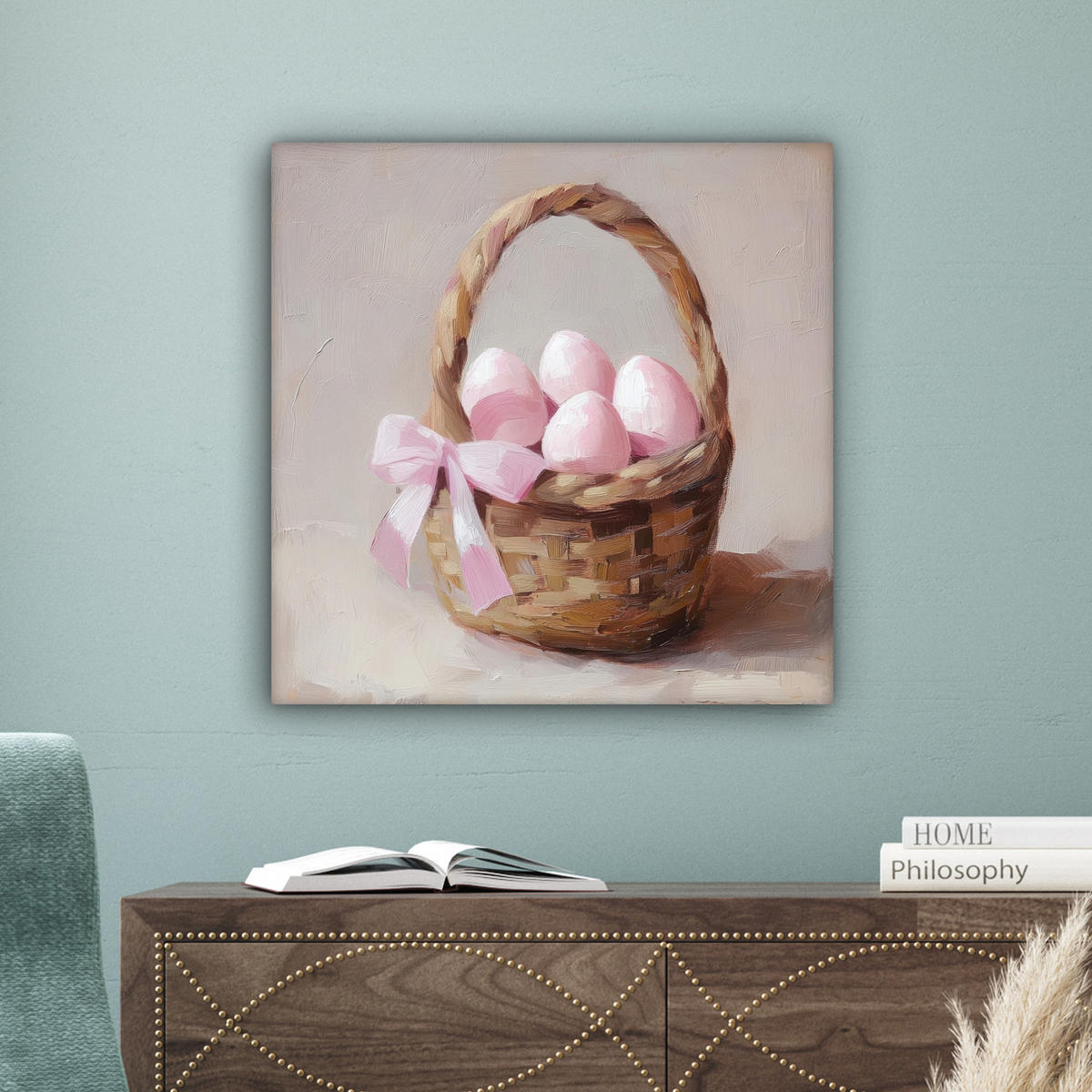 LEINWANDBILD Korb - Eier - Rosa Wandbild Wohnzimmer 50x50 cm - Beige, Textil (50/50cm) - MuchoWow