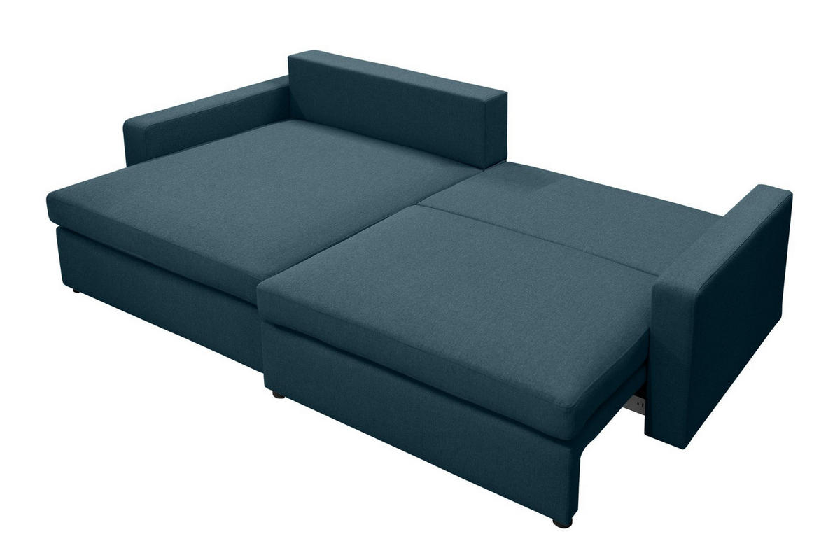 ECKSOFA Mit Schlaffunktion Und Bettzeugablage LUBEKA Stoff Faro Azurblau Links - Dunkelblau, Holz (140/147cm) - Kaiser Möbel