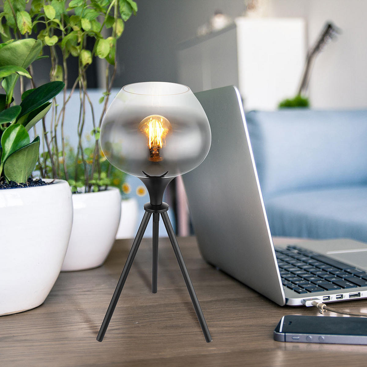 TISCHLEUCHTE Metall Glas Schwarz rauch MAXY 2er Set - Schwarz, Glas (24/24/45cm) - Globo Lighting