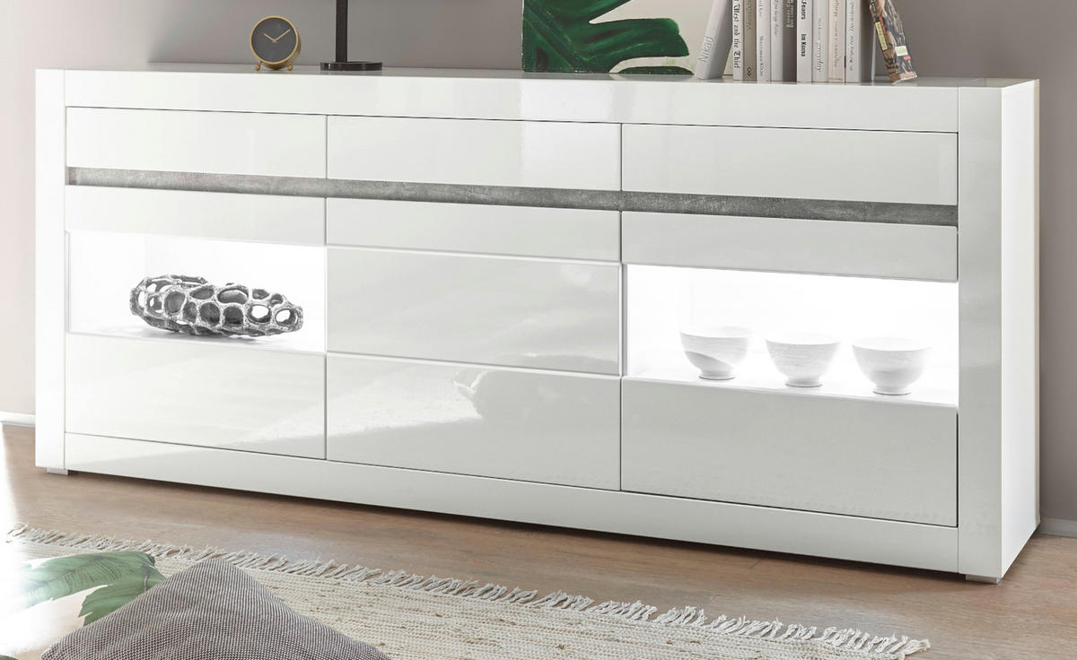 SIDEBOARD Hochglanz weiß, mit weiß oder grau, große Kommode 217 x 90 cm, Soft-Close - Weiß Hochglanz/Weiß, Glas/Holzwerkstoff (217/90/42cm) - Furn.Design