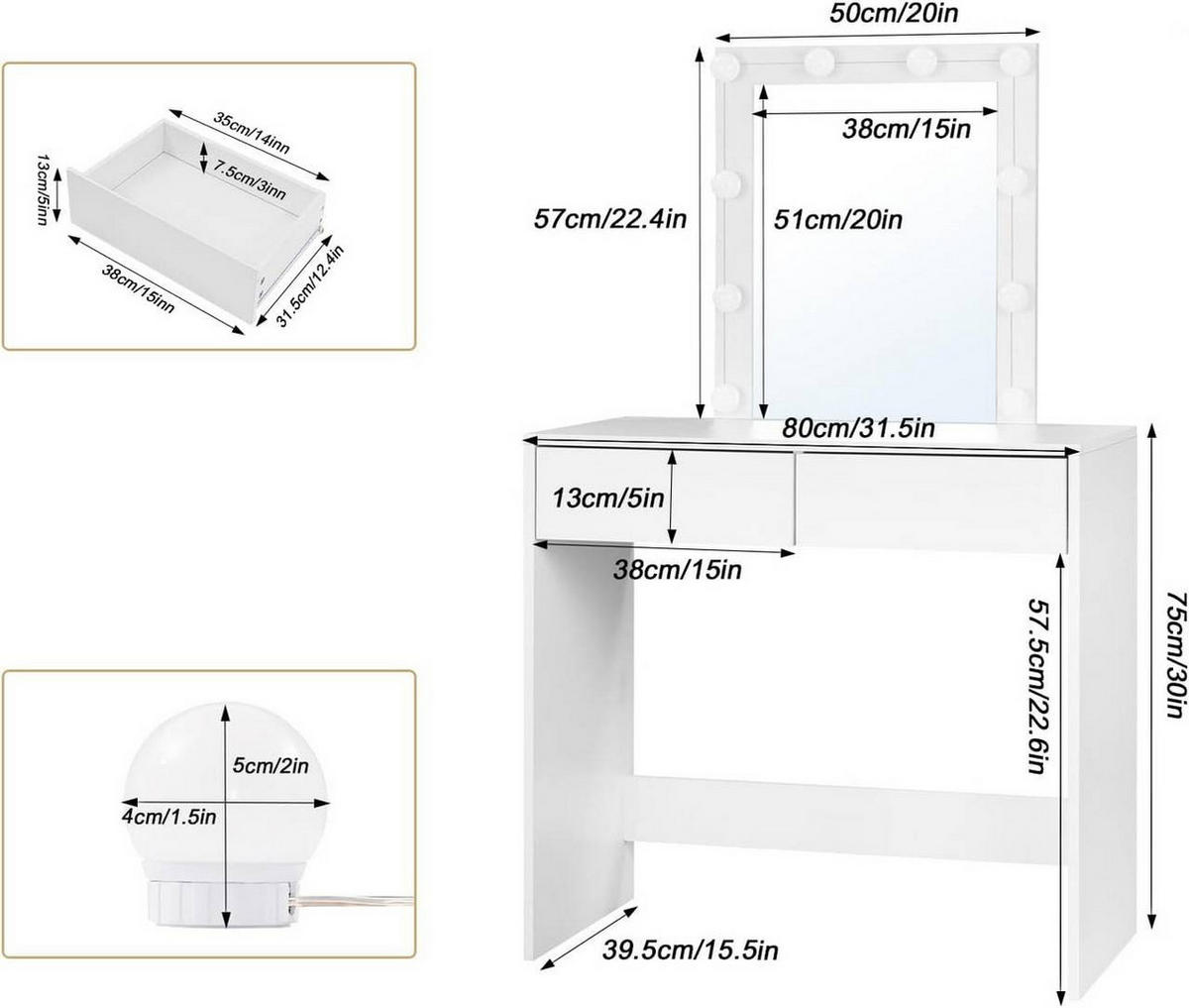 SCHMINKTISCH mit Beleuchtung Spiegel, 80x132,5x39,5 cm, Weiß - Weiß, Holzwerkstoff (80/132.5/39.5cm) - Woltu