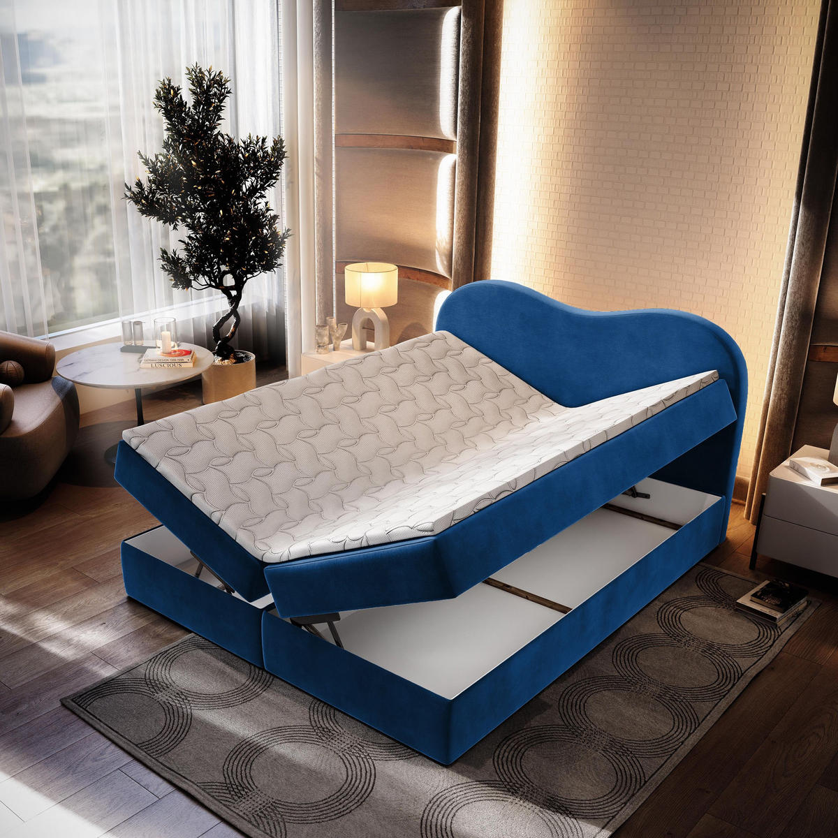 BOXBETT FLUVIA M 180x200 cm mit Matratze und Topper - Blau - Blau, Holz (180/200cm) - MASSENO