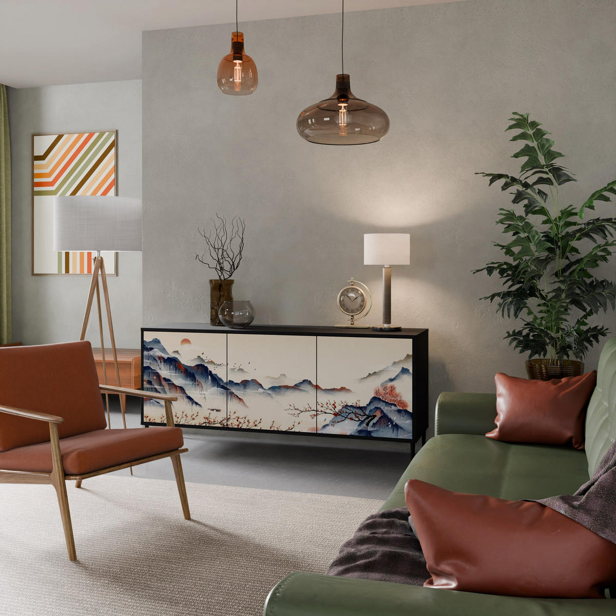 SIDEBOARD JAPANESE LANDSCAPE, Eicheneffekt, 164,5x42x77,5 cm, 3 Türen - Eichefarben/Buchefarben, Holzwerkstoff/Buchenholz (164.5/77.5/42cm) - SpaceRebels