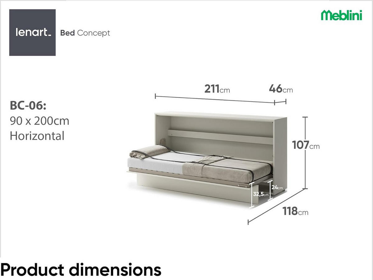 SCHRANKBETT BC-06 - 90x200cm Horizontal - Kaschmir mit Matratze - Kaschmir, Holzwerkstoff (200/90cm) - Meblini