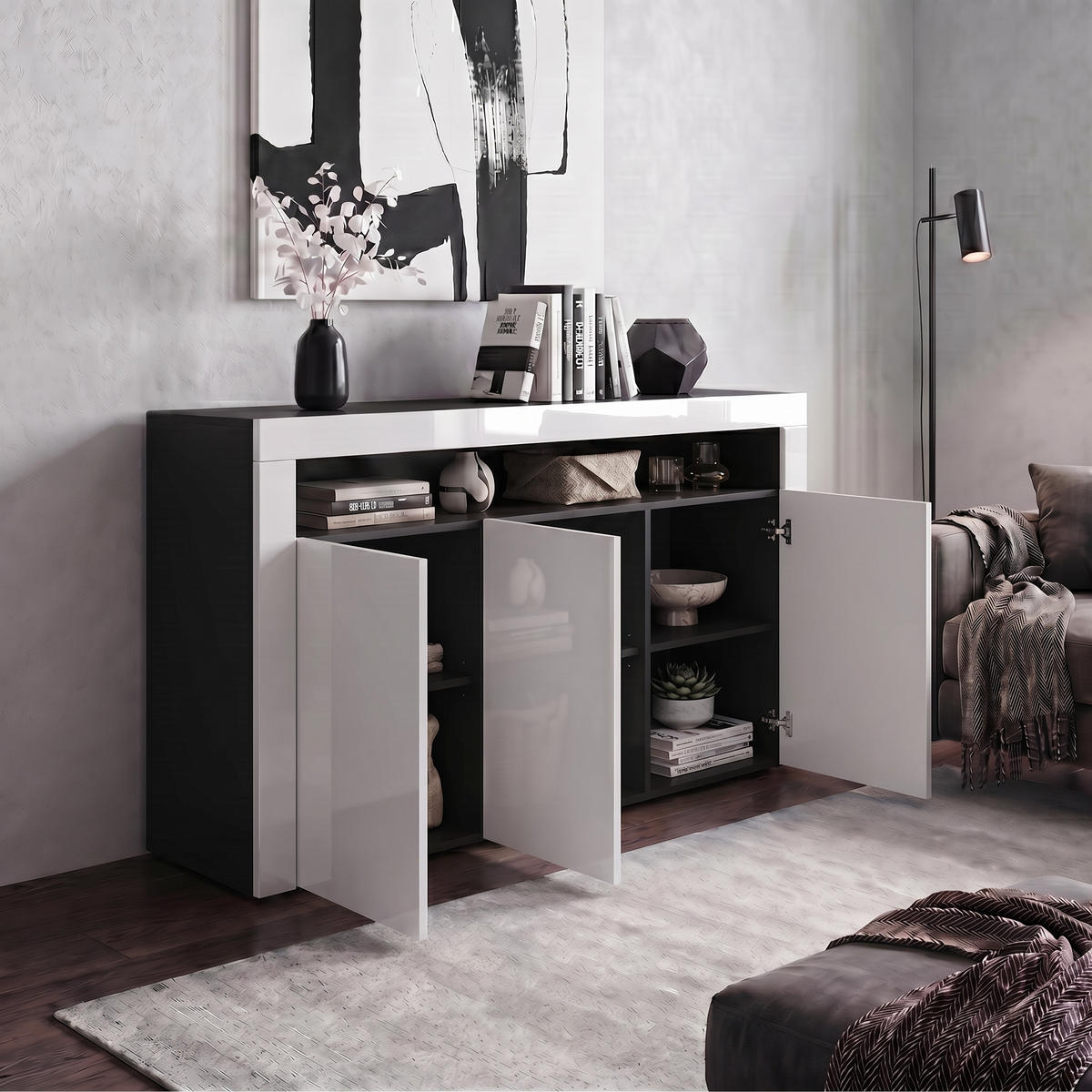 SIDEBOARD Valencia Weiß Hochglanz / Weiß Hochglanz - Weiß Hochglanz, Holzwerkstoff (155/92/40cm) - Vladon
