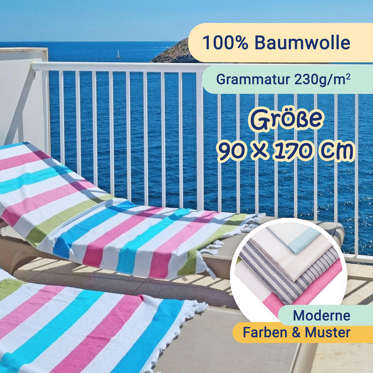 STRANDTUCH, 90x170 cm, 100% Baumwolle, bunt - Multicolor, Textil (90/170cm) - Zollner