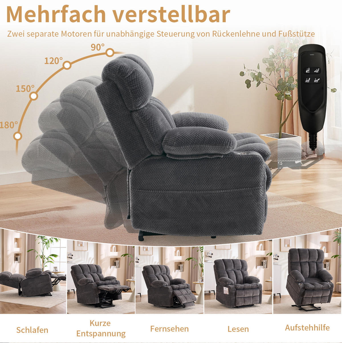 ELEKTRISCHER TV-Sessel in Grau 91x91x106,5 cm mit Aufstehhilfe, Massage- und Heizfunktion - Grau, Textil (91/106.5/91cm) - IVMEU