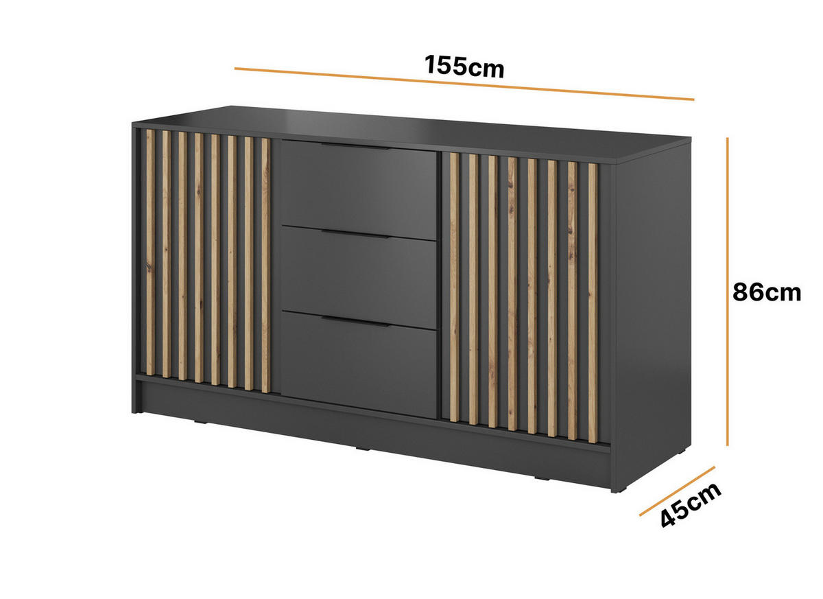 KOMMODE Stilo 155 cm in Graphit + Lamellen aus Artisan-Eiche - Schwarz/Graphitfarben, Holzwerkstoff/Kunststoff (155/86/45cm) - Ravio