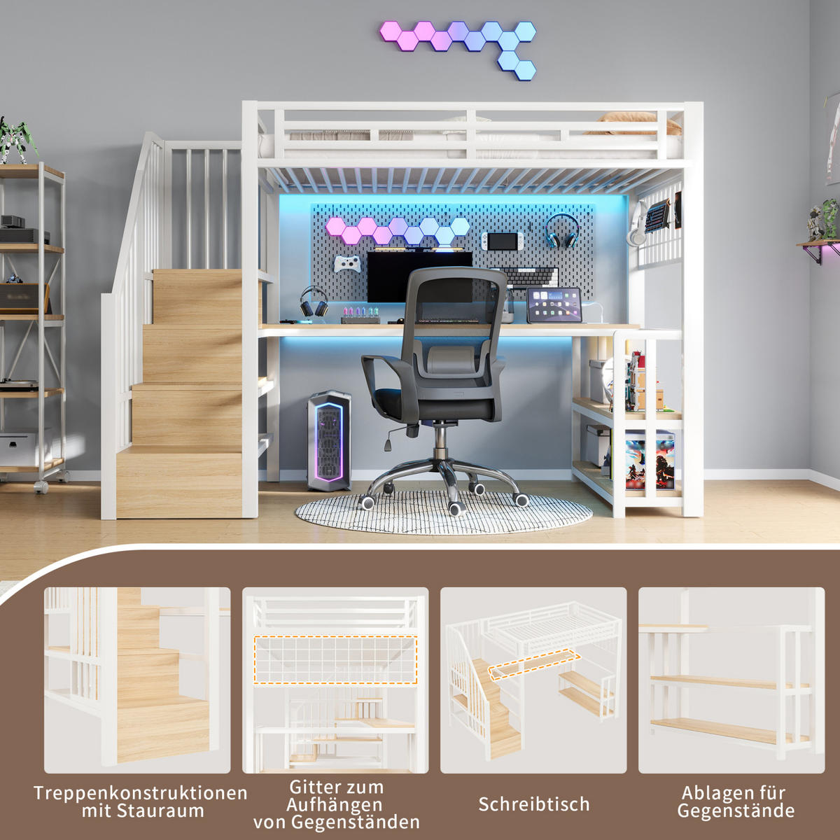 HOCHBETT aus Metall und MDF 90x200 cm Weiß mit Schreibtisch, Stauraumtreppe, Regal, Hängegitter und LED - Weiß, Metall (90/200cm) - Modfu