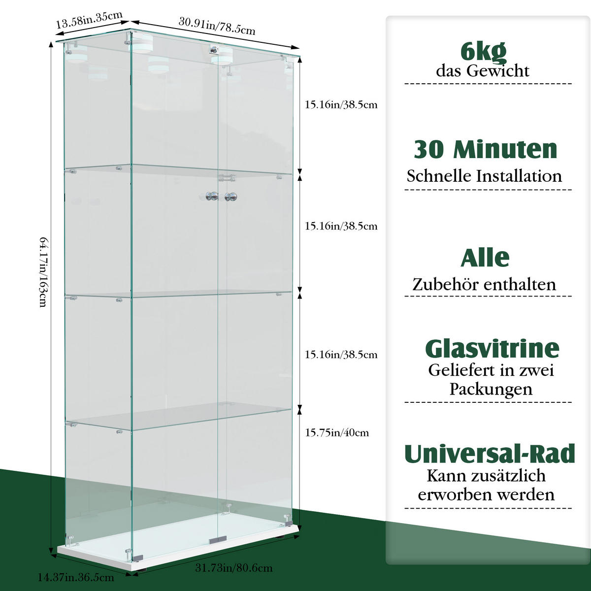 GLASVITRINE, 4 Glasböden, Doppeltür mit Schloss, Touch-LED, weiß - Weiß, Glas (78.5/163/35cm) - BRILVERDE