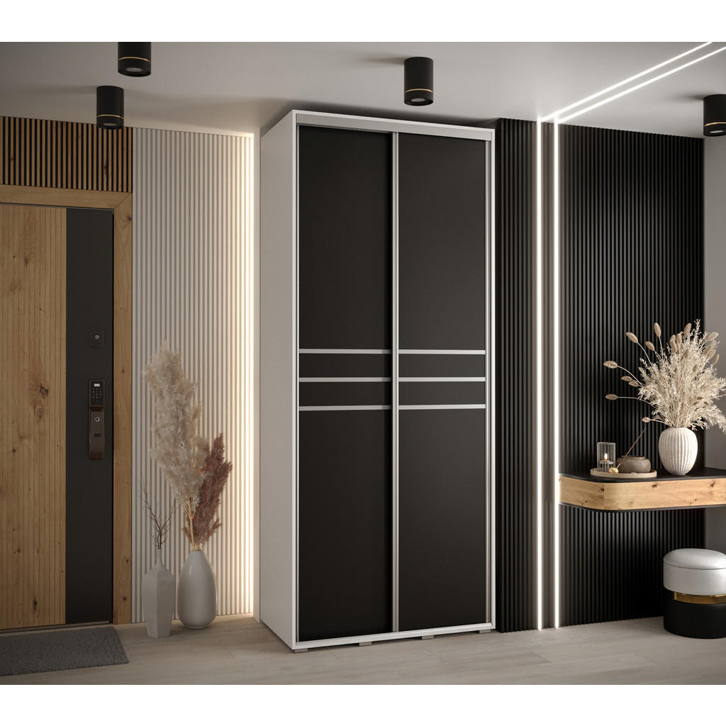 Thumbnail - Abiks Möbel Schwebetürenschrank, Weiß, Schwarz, Silber, Metall, Nachbildung, 6 Fächer, 120x235x45 cm, Schlafzimmer, Klei...