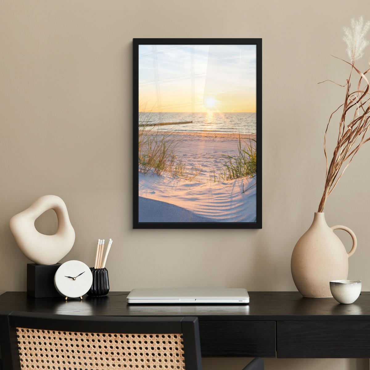 GERAHMTES BILD Strand - Sonne - Düne - Gras - Sand - Horizont 40x60 cm - Hellblau, Papier (40/60cm) - MuchoWow