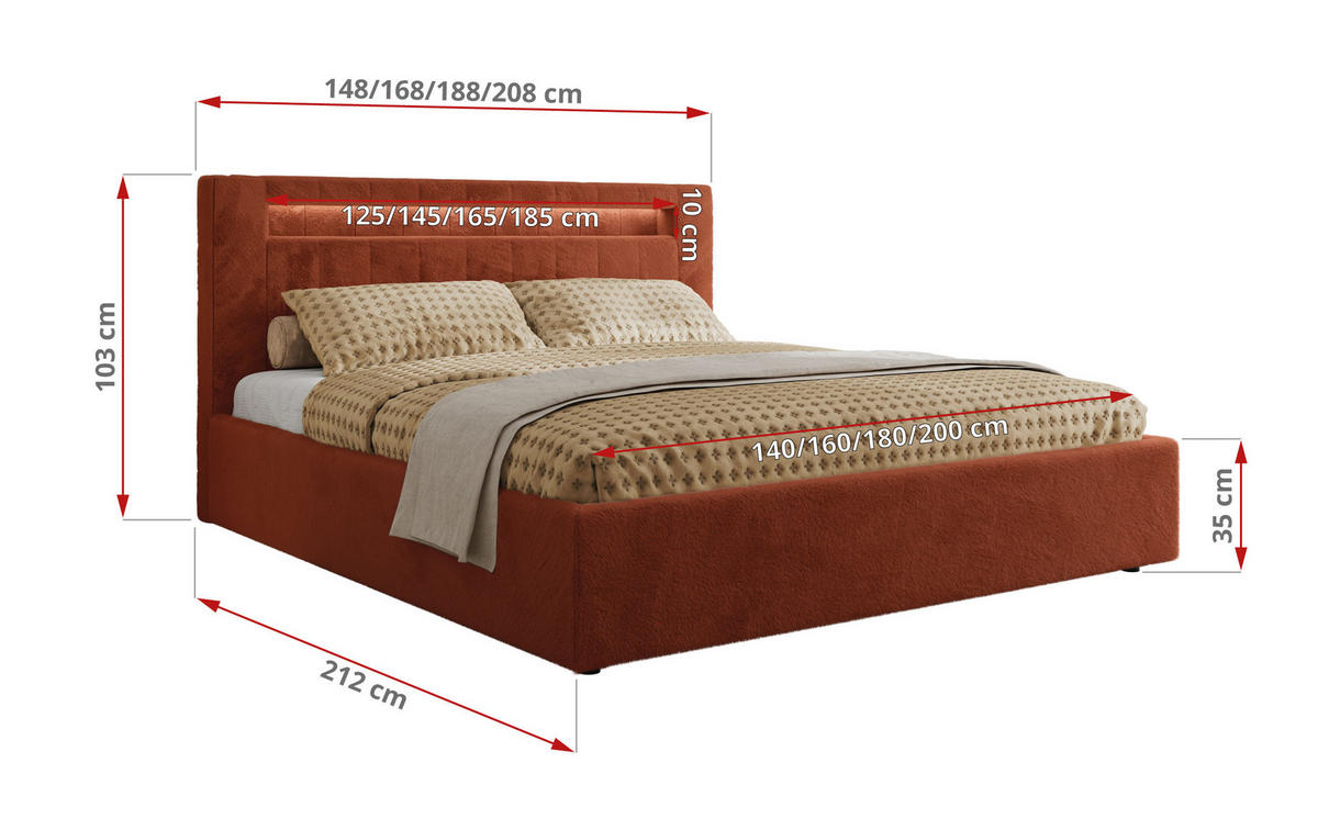 POLSTERBETT GOLD 5 CLASSIC 160/200 - Orange Plüsch - Schaum-Matratze - Orange, Textil (160/200cm) - MKS