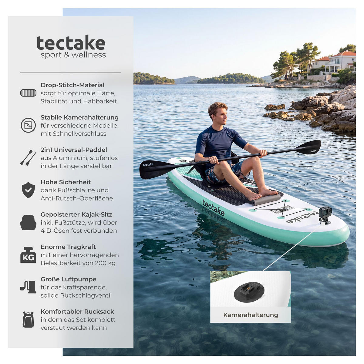 STAND-UP PADDLE BOARD Zenon, Belastbarkeit 200 kg, inklusive Kajak-Sitz, weiß/türkis - Weiß, Kunststoff (288/77/0.23cm) - tectake